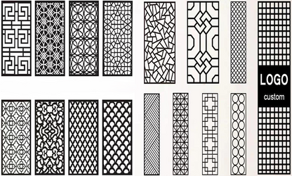 Collection of various black geometric patterns on a white background with 'LOGO custom' text.