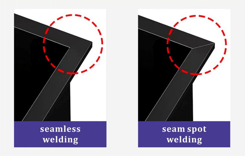 Comparison of seamless welding and seam spot welding on a black metal corner bracket.