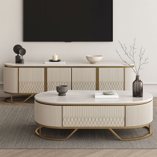 Modern living room with a stylish coffee table and TV console.