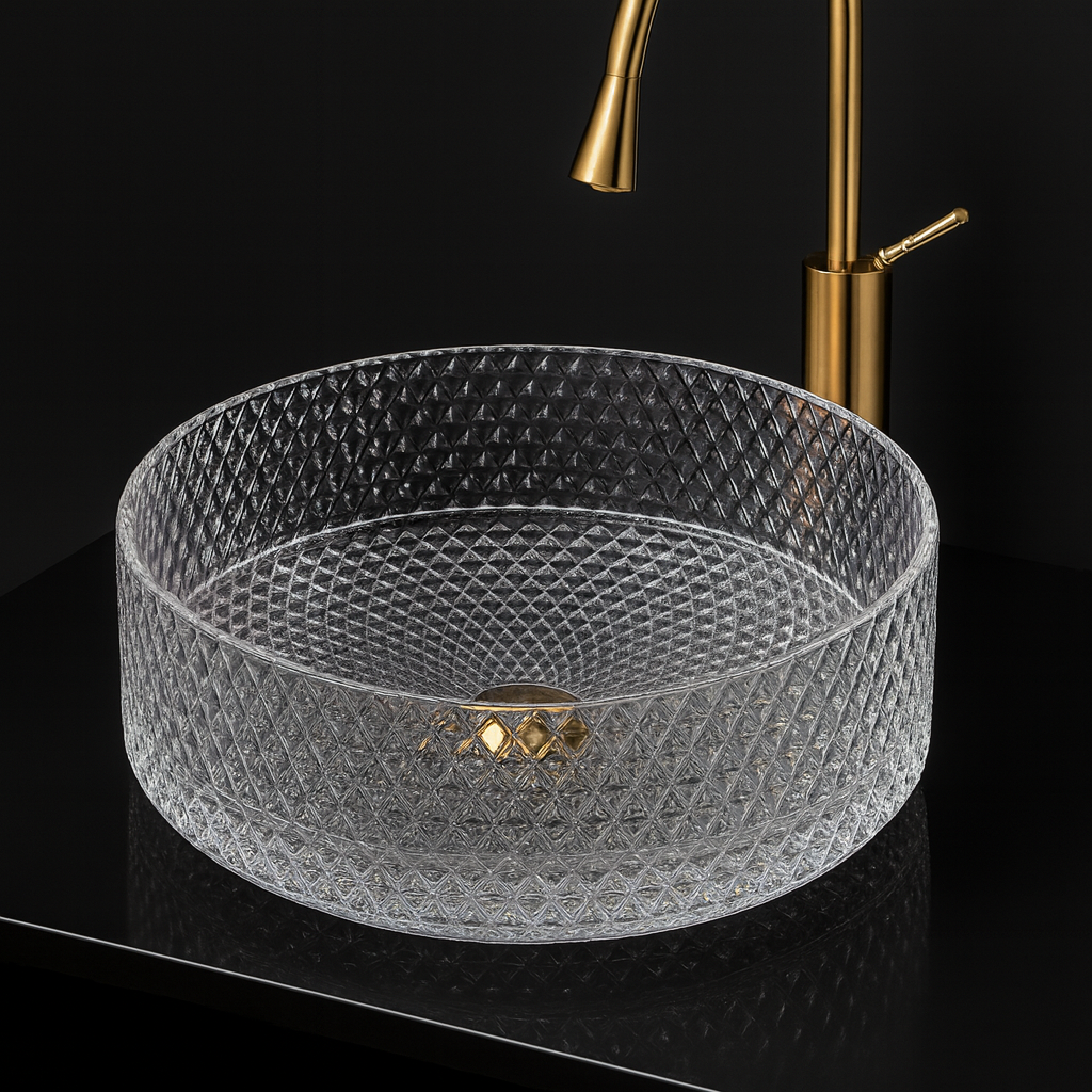 Clear glass sink with textured design and gold faucet on a black background