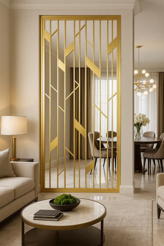 Luxury stainless steel divider with vertical and diagonal lines in a contemporary living space.