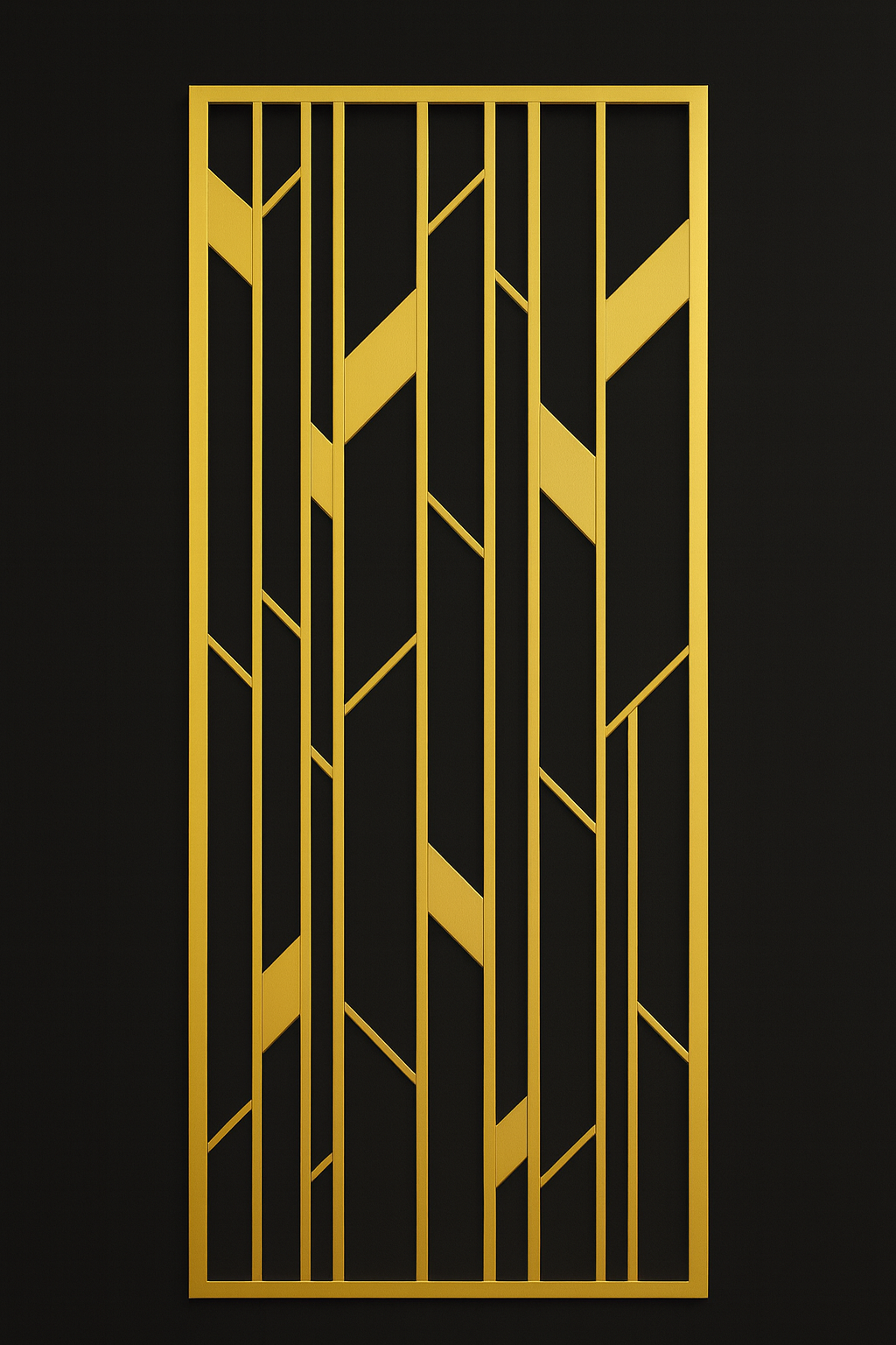 Dorevo gold stainless steel geometric wall partition used as a modern room divider.