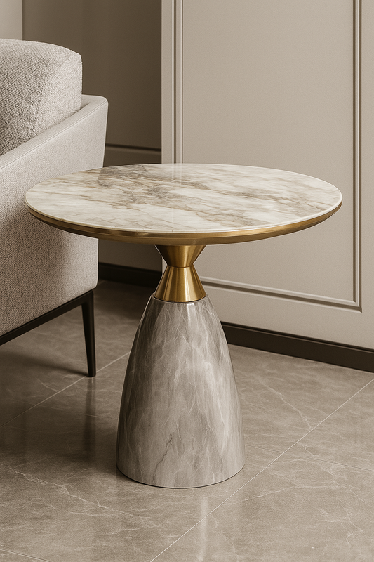 Round marble table with a gold base next to a sofa in a room.