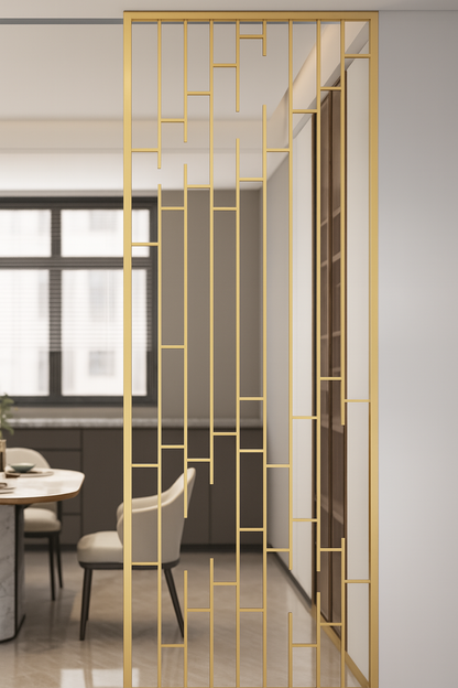 Contemporary gold wall partition with vertical and horizontal line pattern
