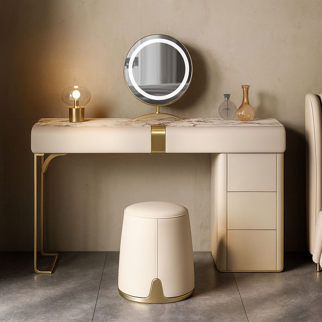 Beige vanity table with round mirror and stool in a room setting