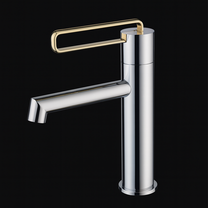 chrome and gold single-handle brass basin faucet for luxury bathrooms.