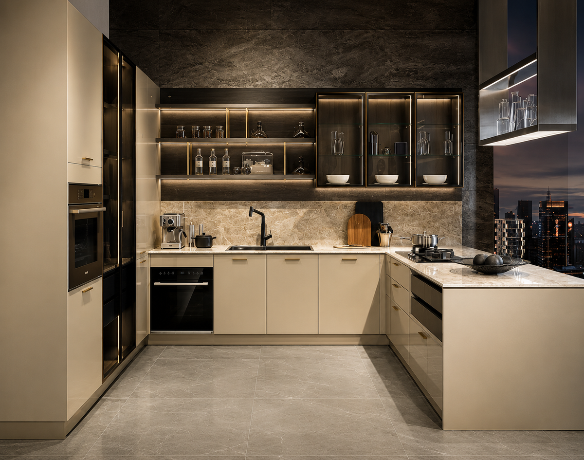 A modern L-shaped kitchen featuring cream-colored cabinets, dark wood cabinetry with integrated LED lighting, a stone backsplash, and a dark textured wall.
