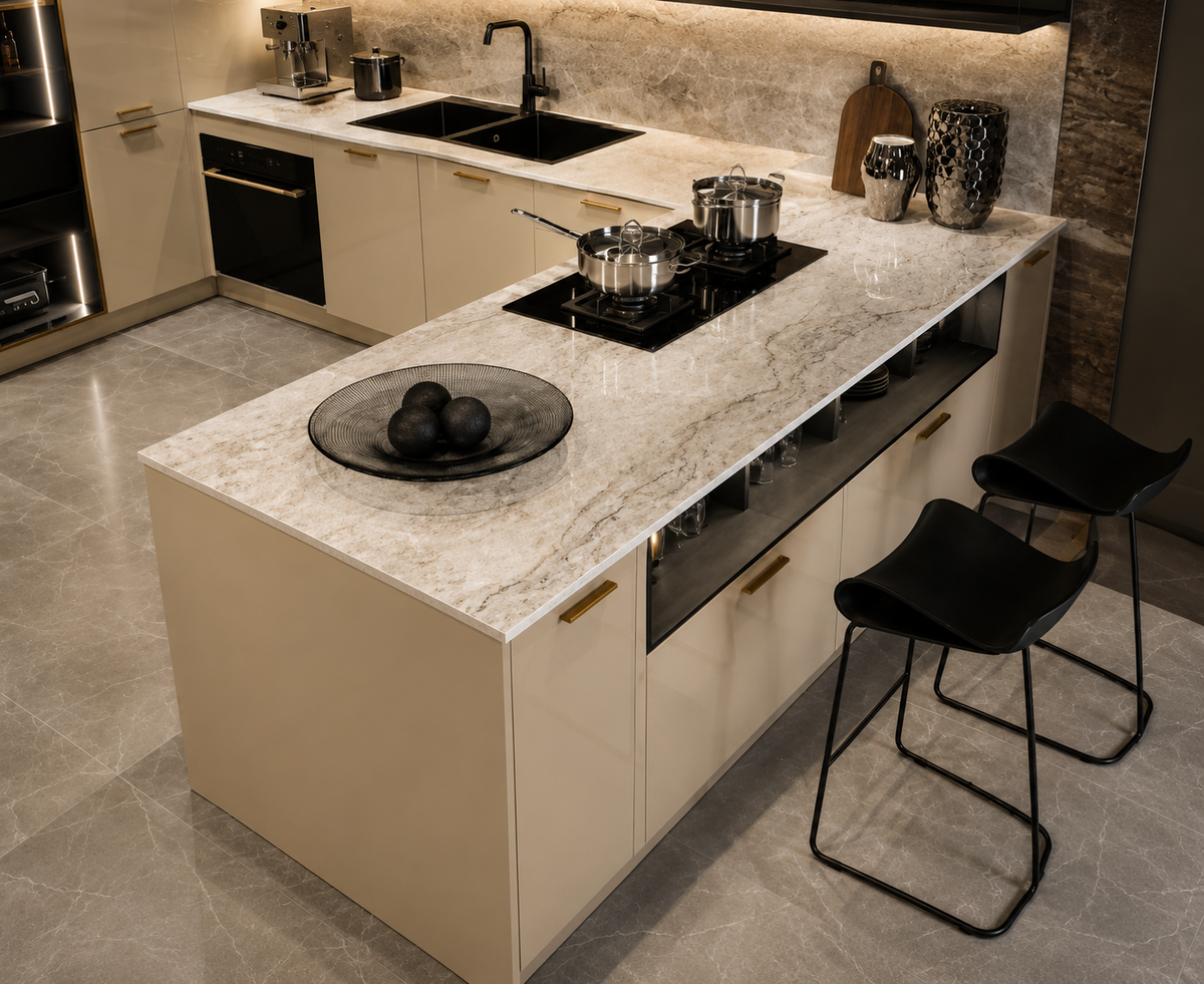 A modern kitchen island with a white marble-look countertop, cream cabinetry, a built-in black cooktop, two black bar stools, and a black bowl of fruit on a tiled kitchen floor.