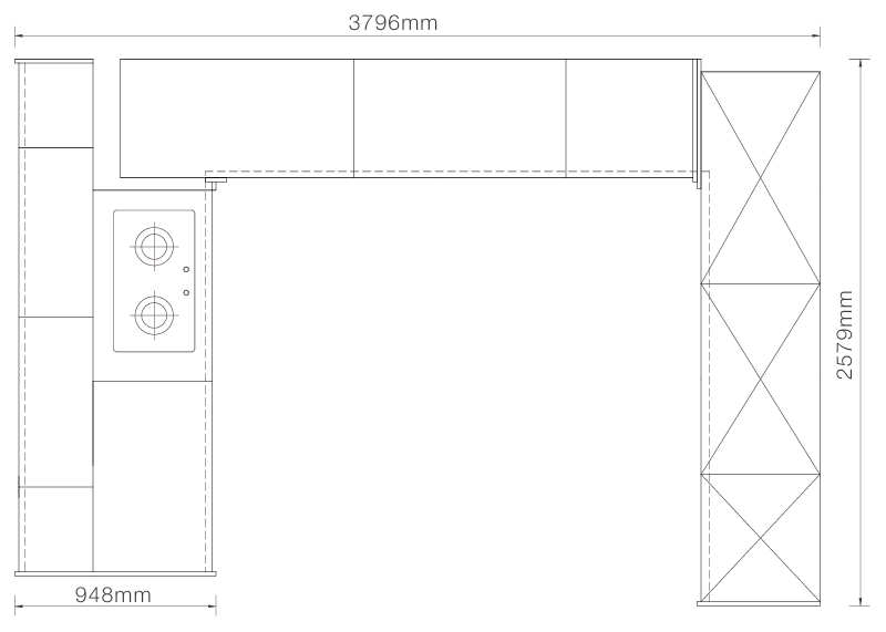 A black and white kitchen cabinet layout diagram showing dimensions of an L-shaped kitchen unit, with measurements 3796mm, 2579mm, and 948mm labeled on a white background.