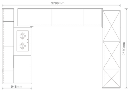 A black and white kitchen cabinet layout diagram showing dimensions of an L-shaped kitchen unit, with measurements 3796mm, 2579mm, and 948mm labeled on a white background.
