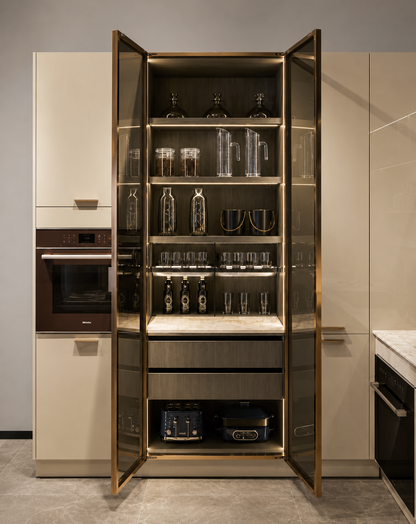 A tall built-in beverage and glassware cabinet with two open doors, showing shelves stocked with bottles, glasses, and carafes. The cabinet has a warm wood interior, brass-toned hardware, and is set within cream-colored kitchen cabinetry.