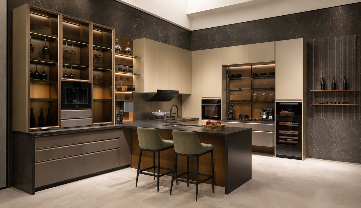 A luxury modern kitchen interior featuring cream-colored cabinets, dark wood cabinetry, glass-front shelves with warm lighting, a central island, and two green bar stools.