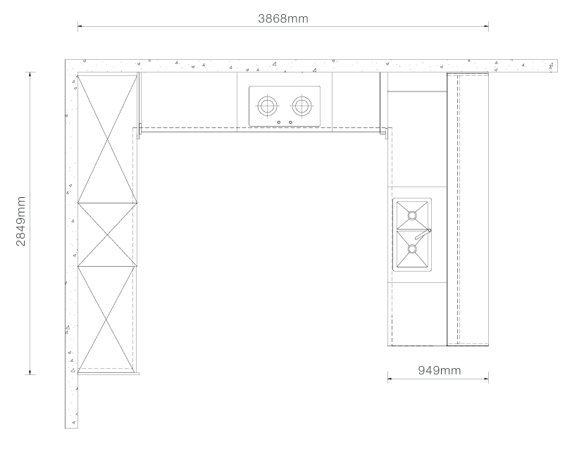 A black-and-white technical line drawing showing the dimensions of an L-shaped kitchen cabinet layout, with measurements labeled 3868mm, 2849mm, and 949mm.
