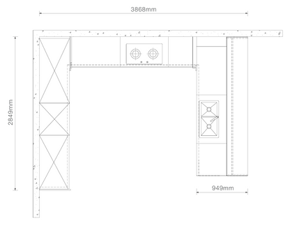 A black-and-white technical line drawing showing the dimensions of an L-shaped kitchen cabinet layout, with measurements labeled 3868mm, 2849mm, and 949mm.