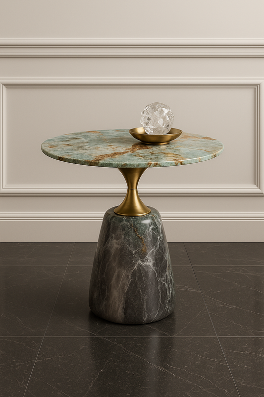 Marble side table with gold accents against a neutral wall.