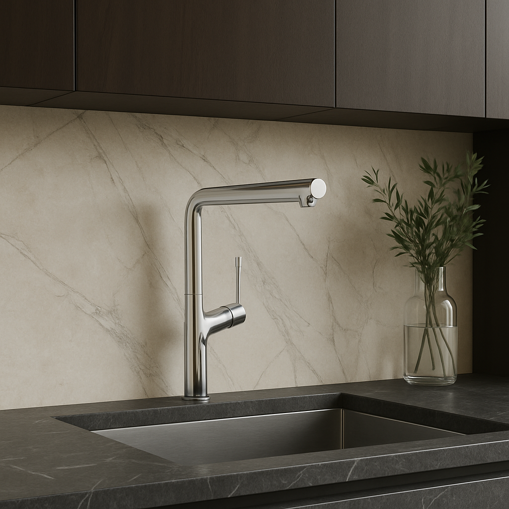 Modern chrome kitchen sink with faucet against a marble wall