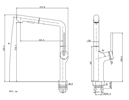 Technical drawing of a faucet with dimensions