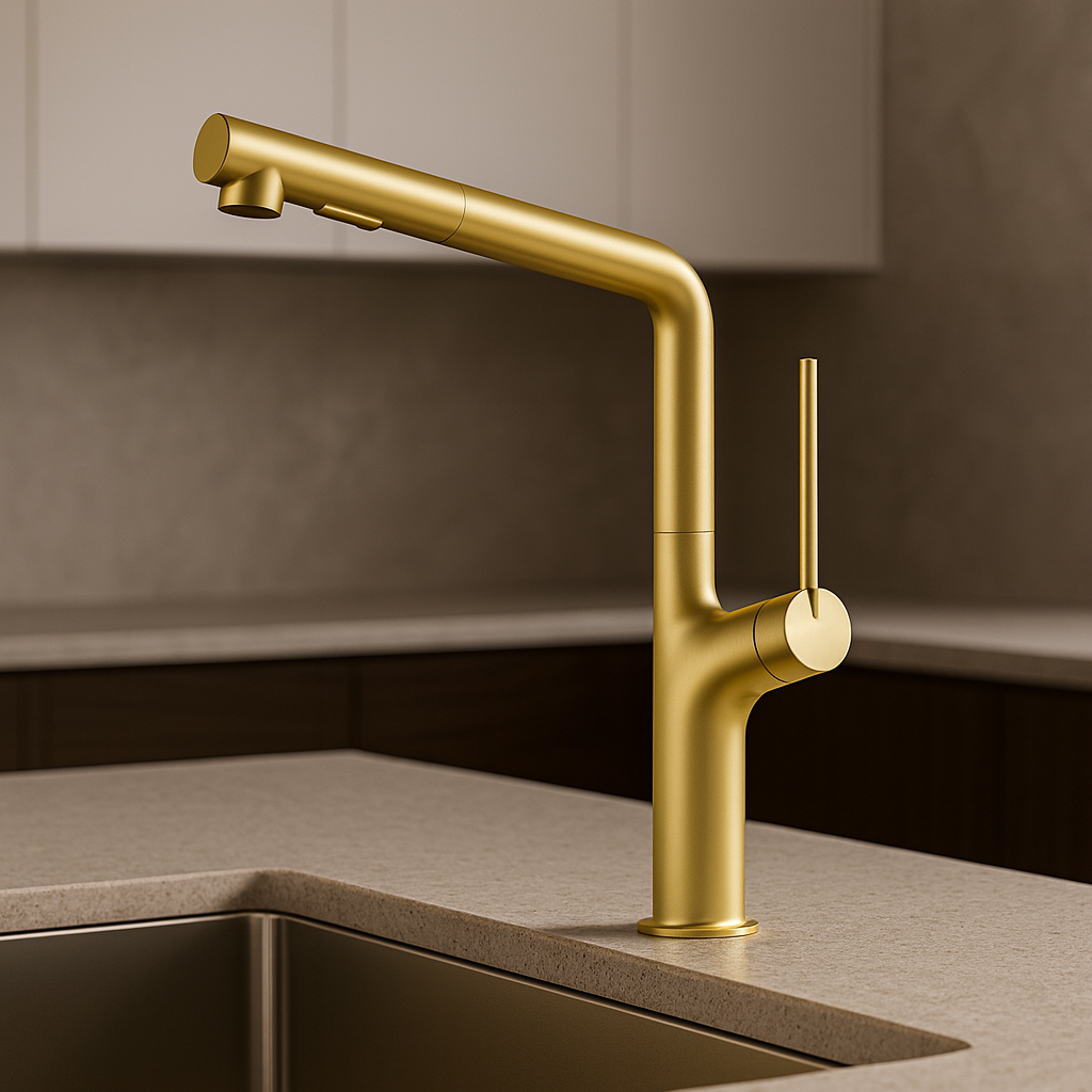 Gold kitchen faucet on a neutral modern countertop
