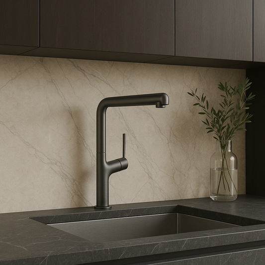 Slim-handle gunmetal kitchen faucet with pull-out sprayer