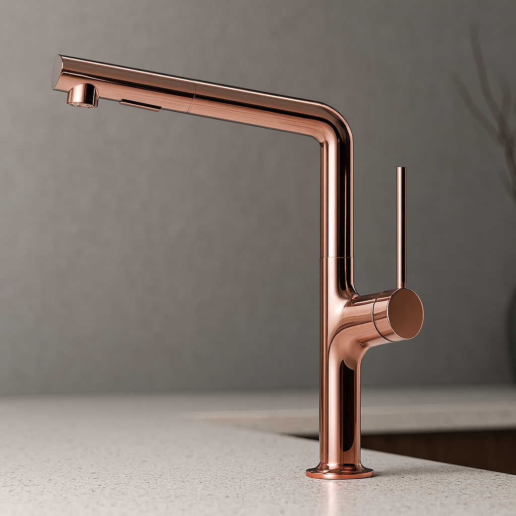Rose gold kitchen faucet on a neutral background
