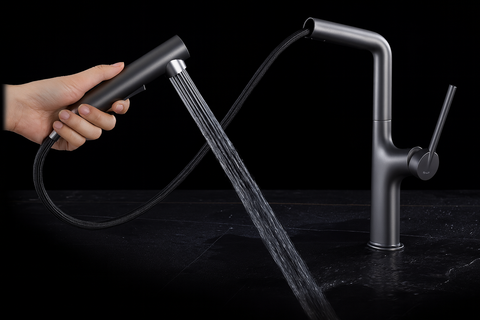 Slim-handle gunmetal kitchen faucet with pull-out sprayer