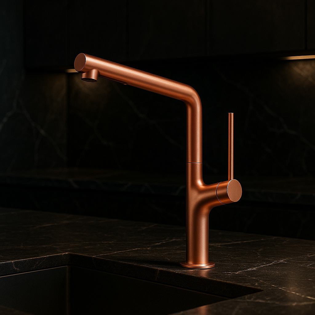 Rose gold kitchen faucet on a dark marble countertop with a black tiled wall background