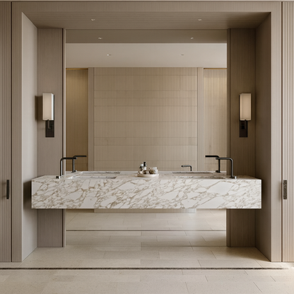 Full-slab floating marble double vanity with dual integrated basins, minimalist black faucets, and warm-toned vertical wall paneling – SAIBA Homes.