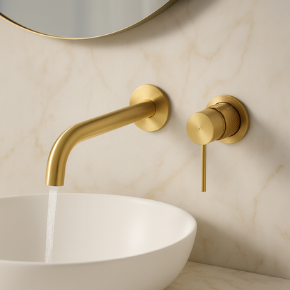 Brushed gold wall-mounted bathroom faucet above vessel basin