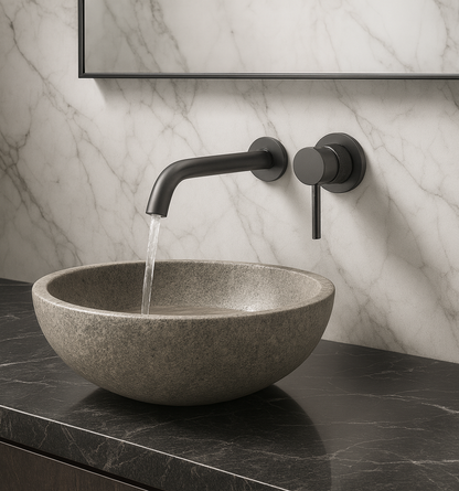 Gunmetal grey wall-mounted bathroom faucet in luxury modern bathroom
