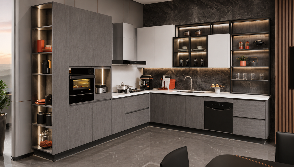 Modern L-shaped kitchen cabinetry set with gray wood-grain lower cabinets, white upper cabinets, black appliances, and built-in shelving with warm under-cabinet lighting.
