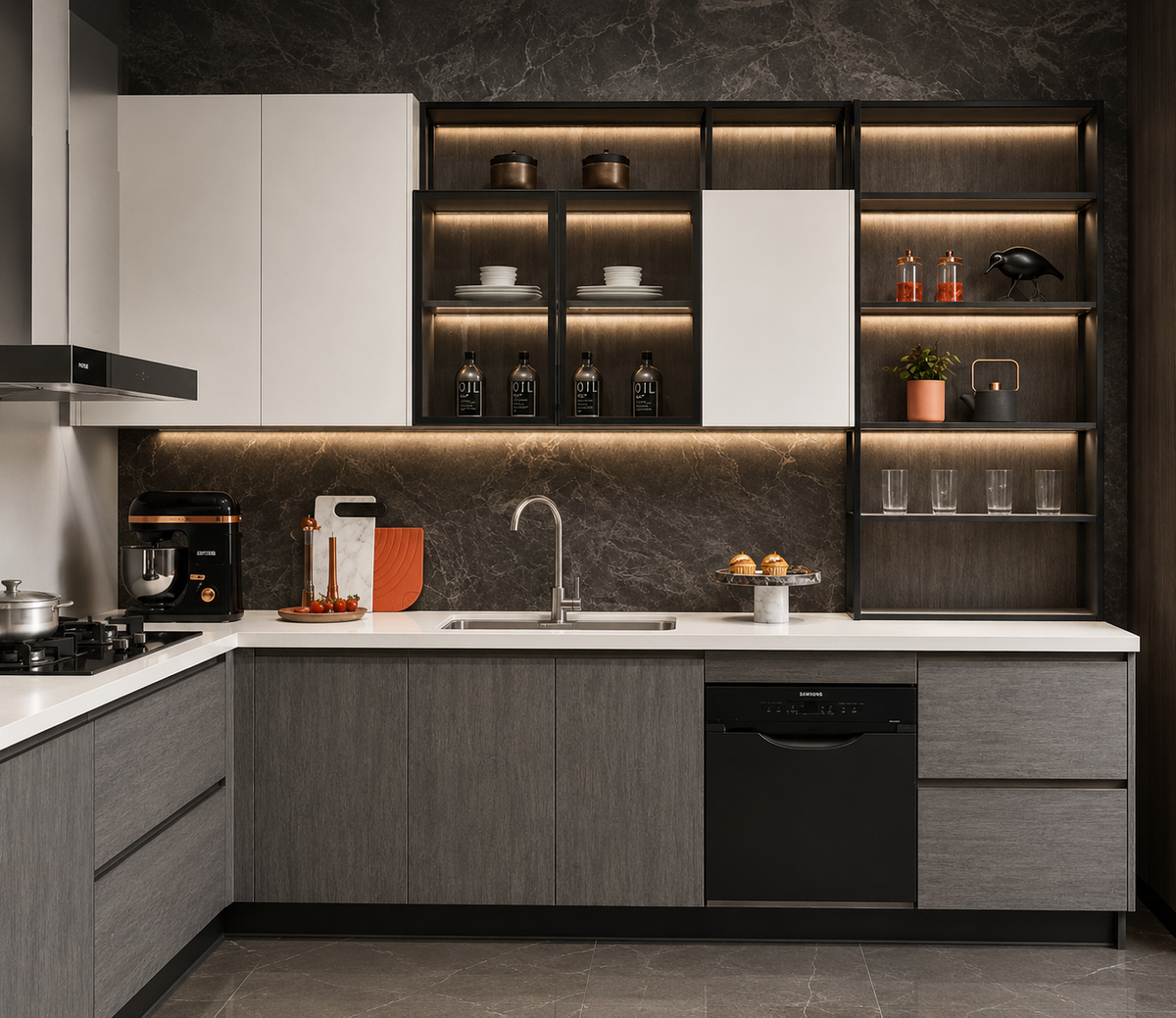 Modern L-shaped kitchen cabinetry set with dark gray wood-grain lower cabinets, white upper cabinets, black integrated appliances, and warm under-cabinet lighting against a dark marble backsplash.