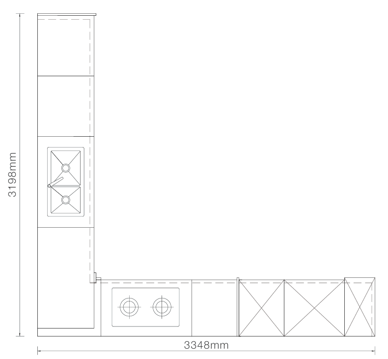 A black-and-white technical dimension drawing of an L-shaped kitchen layout, showing measurements of 3198 mm in height and 3348 mm in width with line drawings of cabinetry and fixtures.