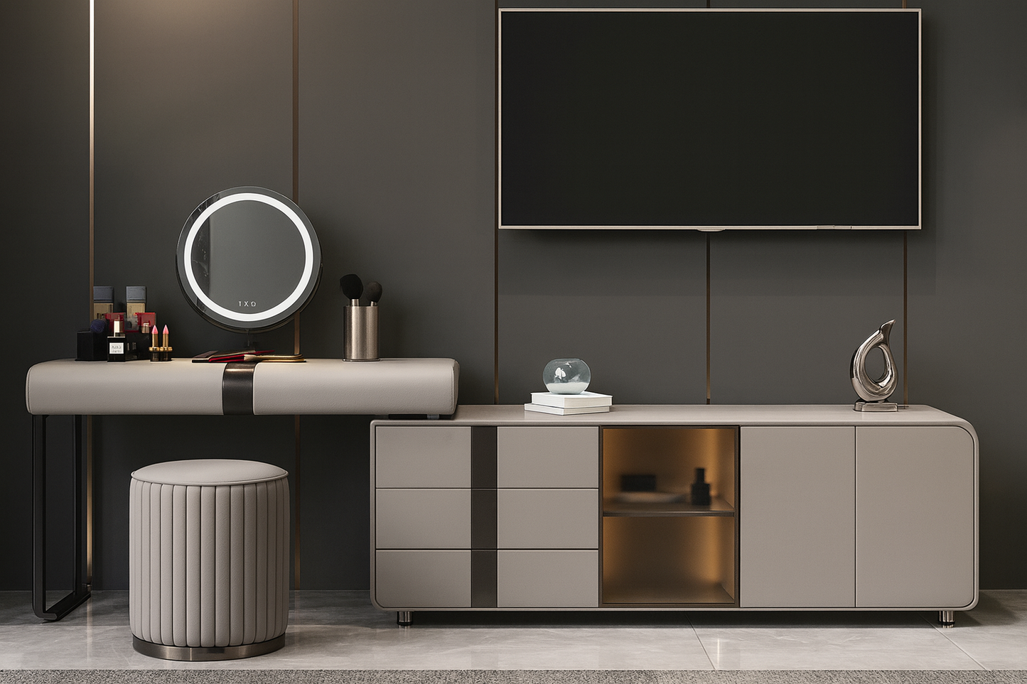Modern living room with a TV, vanity table, and decorative items.