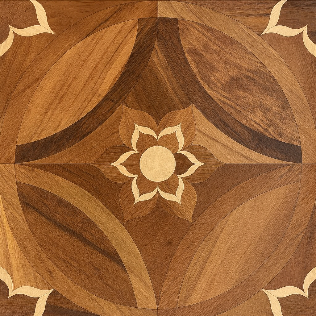Fiorenza engineered wood flooring with floral inlay and curved Walnut/Oak pattern – SAIBA Homes
