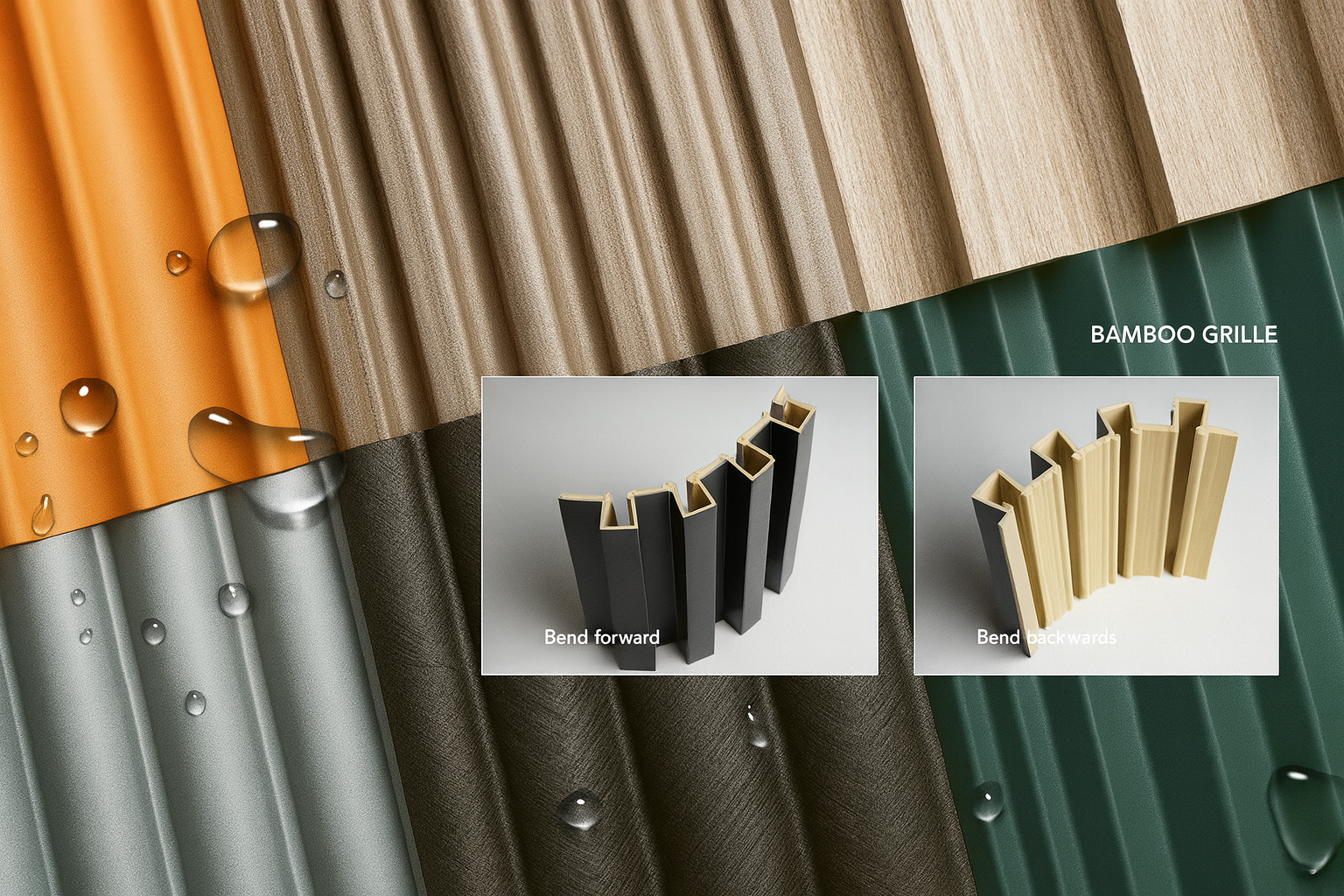 Close-up of hollow bamboo fluted wall panels in various finish. SAIBA Homes