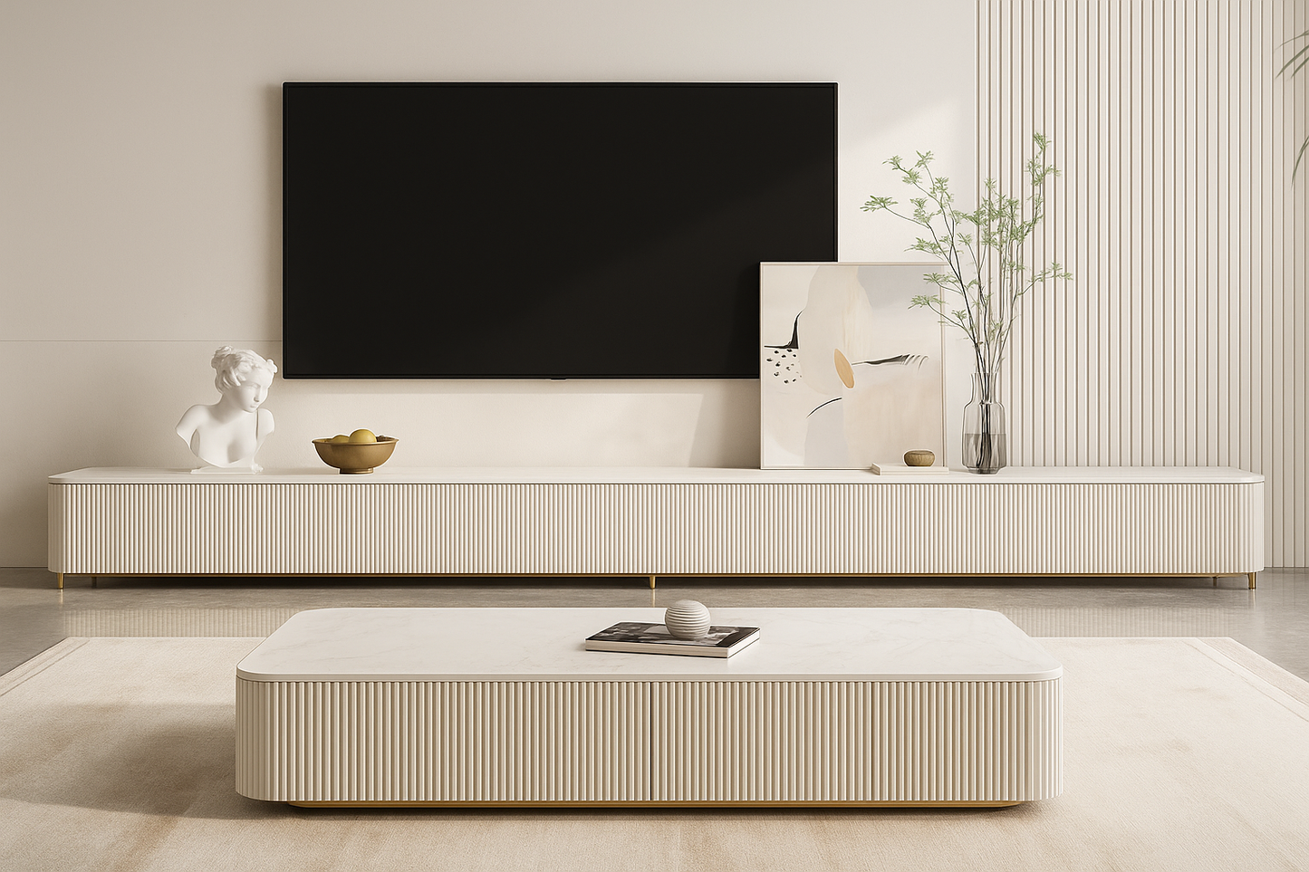 Modern fluted detail living room with a television mounted on the wall and a coffee table set, and decorative items.