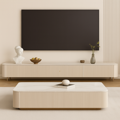 Modern living room with a television mounted on the wall above a light wood console table.