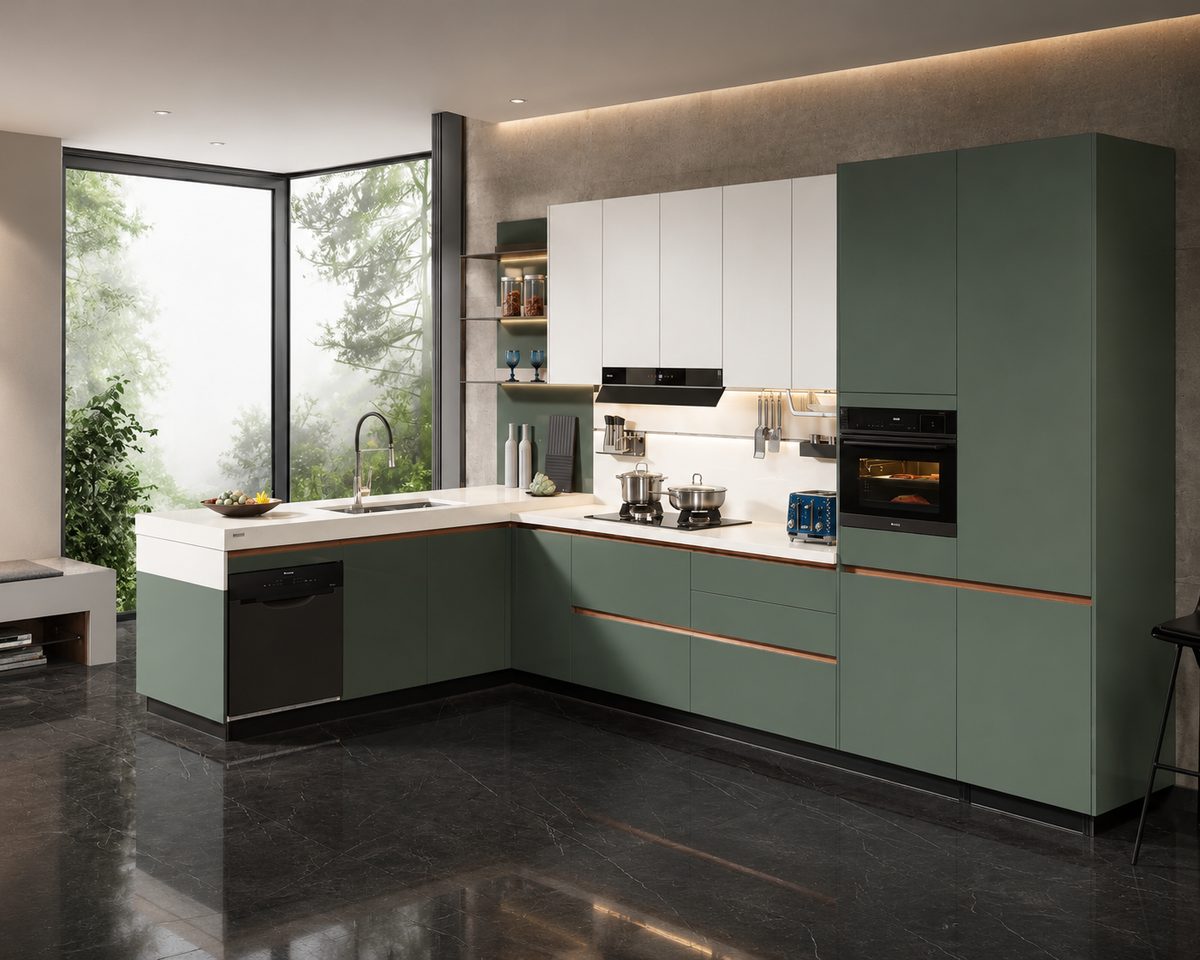 Modern L-shaped kitchen cabinets in sage green and white with copper-toned horizontal handles, featuring integrated appliances including a built-in oven and dishwasher, set in a contemporary kitchen with dark reflective floors and a large window looking out onto greenery.