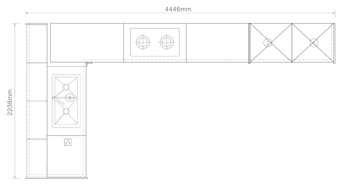 A black and white technical line drawing showing the dimensions of an L-shaped kitchen cabinet layout, with measurements of 4446mm in width and 2238mm in height.
