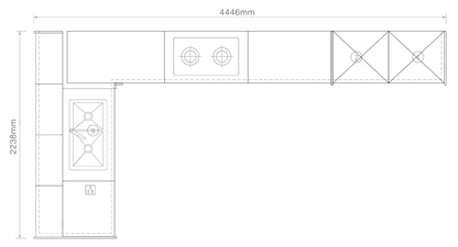 A black and white technical line drawing showing the dimensions of an L-shaped kitchen cabinet layout, with measurements of 4446mm in width and 2238mm in height.