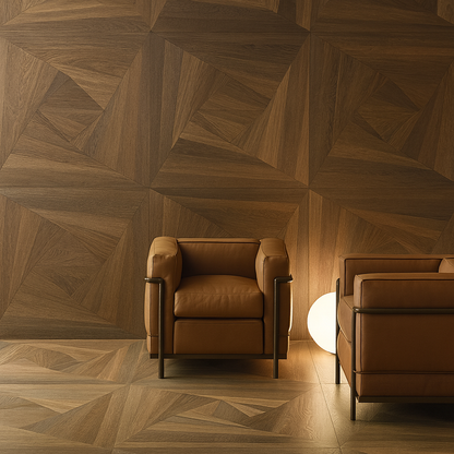 Geometric spiral engineered hardwood flooring in Walnut/Oak, Forez pattern by SAIBA Homes.
