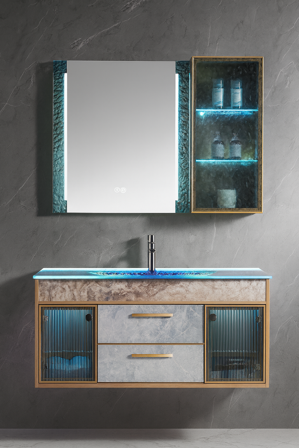 Close-up of illuminated blue glass countertop and integrated basin