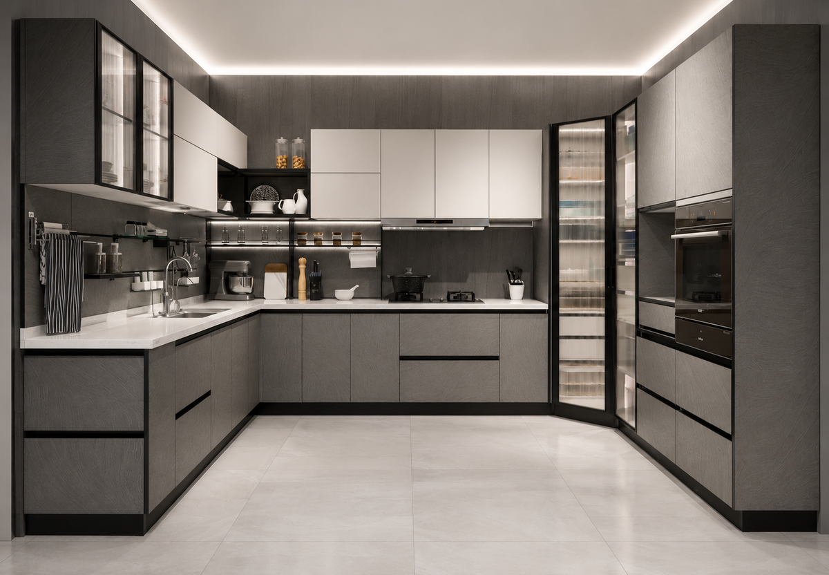 A modern L-shaped kitchen featuring dark gray and white cabinets, white countertops, integrated appliances, and a glass wine refrigerator, shown in a clean interior design render.