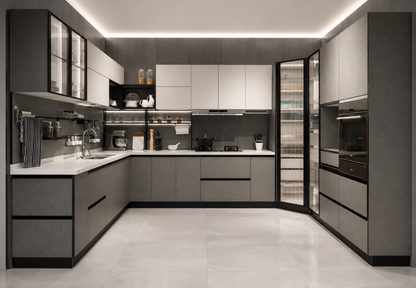 A modern L-shaped kitchen featuring dark gray and white cabinets, white countertops, integrated appliances, and a glass wine refrigerator, shown in a clean interior design render.