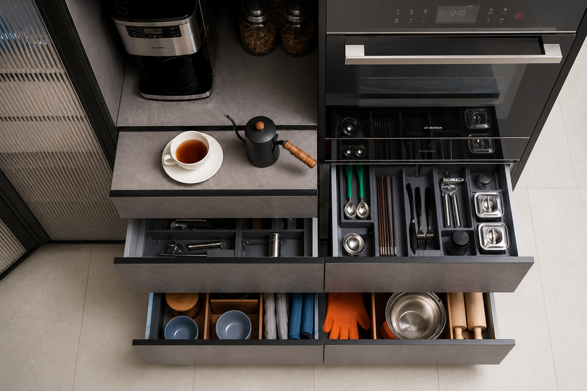 An overhead view of a modern kitchen drawer organizer system with multiple open drawers showing neatly arranged cookware, utensils, bowls, and small kitchen items. A coffee maker, cups, and jars are visible on the upper shelf area.