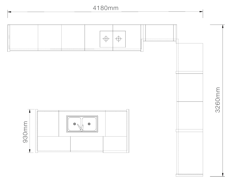 A black-and-white kitchen cabinet layout diagram showing top-down and side-view measurements, with labels indicating 4180mm width, 3260mm height, and 930mm depth.