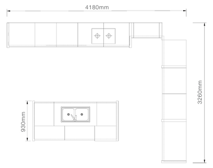 A black-and-white kitchen cabinet layout diagram showing top-down and side-view measurements, with labels indicating 4180mm width, 3260mm height, and 930mm depth.