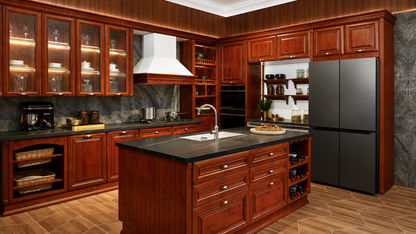 A luxury kitchen featuring rich dark brown wood cabinetry, a matching central island with a black countertop, a white range hood, and a black side-by-side refrigerator.