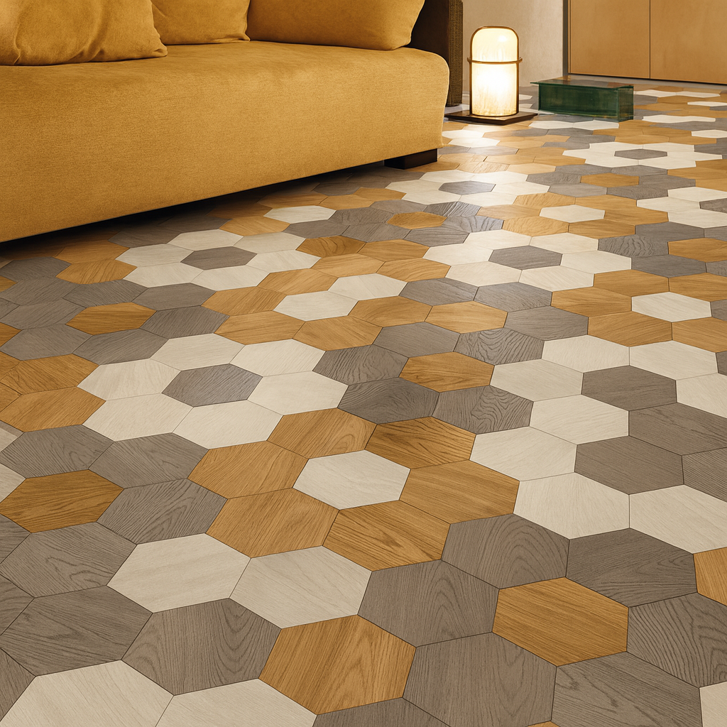 Hexagon engineered wood flooring in mixed Walnut/Oak tones, modern geometric design – SAIBA Homes