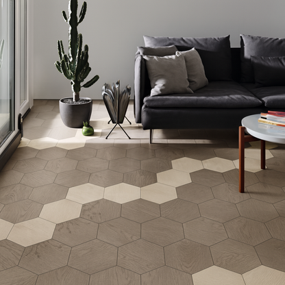 Multi-colour hexagon parquet flooring arrangement in luxury modern interior – SAIBA Homes